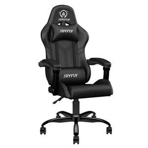 Silla gaming JOYFLY negra con reposacabezas y soporte lumbar.