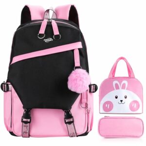 Mochila FRONET negra y rosa con llavero pompom, lonchera y estuche con diseño de conejo.