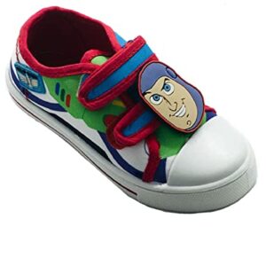 Zapatillas blancas para niños con diseño de Toy Story y figura de Buzz Lightyear en el velcro.