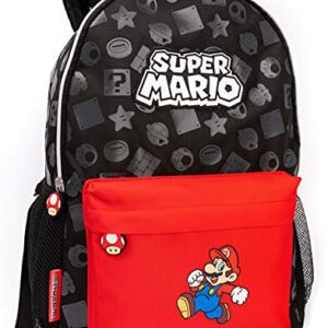 Mochila escolar Super Mario negra con bolsillo rojo frontal y estampado de Mario.