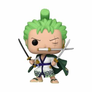 Figura Funko POP! de Roronoa Zoro, personaje de One Piece, con espadas y peinado verde.