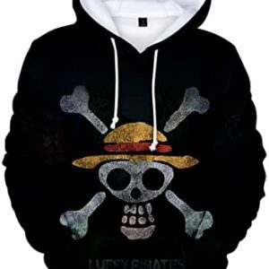 Sudadera negra con capucha y estampado 3D de una calavera pirata con sombrero.