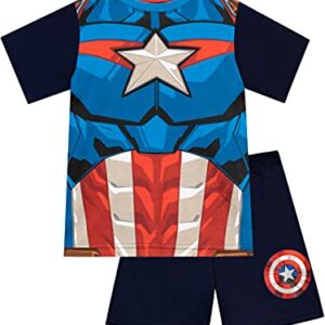 Pijama corto para niños con diseño de Capitán América y colores azul y rojo.