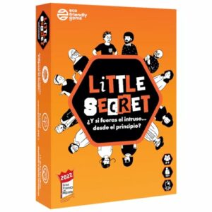 Caja del juego de mesa "LITTLE SECRET" color naranja con ilustraciones de personajes en círculo.