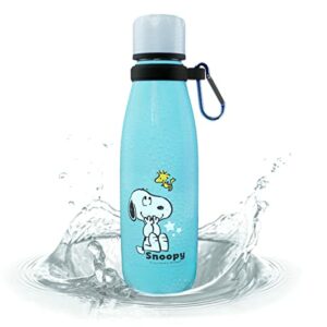 Botella térmica azul de 350 ml con diseño de Snoopy y Woodstock, y un gancho negro.