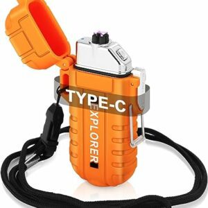 Mechero eléctrico naranja Jutyum con linterna y cargador USB, resistente al agua y viento.