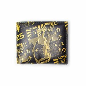 Cartera negra y amarilla de Pikachu con patrones decorativos.