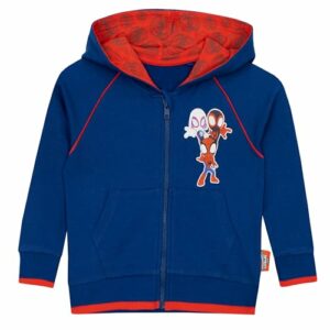 Sudadera azul de Spiderman para niño con capucha roja y personajes Spiderman, Ghost-Spider y Miles Morales.