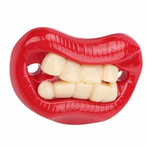 Chupete de silicona con diseño divertido de labios rojos y dientes grandes.