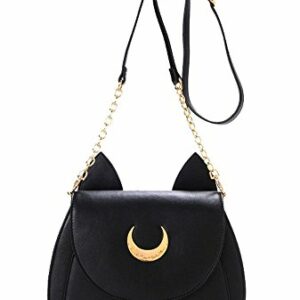 Bolso negro de cuero con orejas y luna dorada de Sailor Moon.