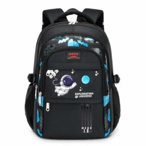 Mochila escolar negra de gran capacidad con diseño espacial y astronauta.