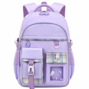 Mochila escolar púrpura para niñas con diseño kawaii y colgantes de unicornio.