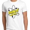Camiseta blanca para hombre con diseño "Bazinga!" y átomo en el frente.
