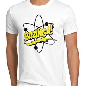 Camiseta blanca para hombre con diseño "Bazinga!" y átomo en el frente.