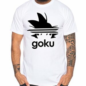 Camiseta blanca de hombre con diseño de Goku y el nombre "goku" debajo.