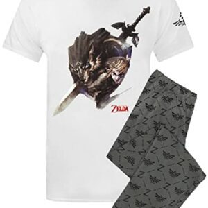 Pijama de La Leyenda de Zelda con camiseta blanca con imagen de Link y pantalones grises con símbolos.