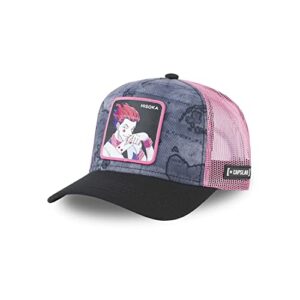 Gorra de camionero gris y rosa de Capslab con imagen de Hisoka del anime Hunter X Hunter.