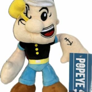 Peluche de Popeye el Marino con gorra blanca y ancla en el brazo.