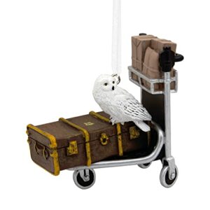 Carrito de equipaje de Harry Potter con la lechuza Hedwig posada sobre una maleta.