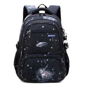 Mochila escolar con diseño de galaxia en colores oscuros.