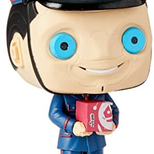 Figura Funko Pop del Kerblam Man de Doctor Who, con uniforme azul y caja de envío.