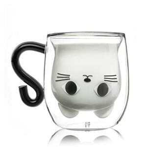 Taza de café de cristal de doble pared con adorable diseño de gato en el interior y asa en forma de cola.