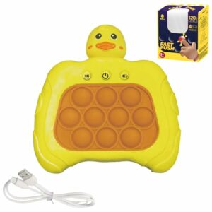 Juguete Pop It recargable en forma de pato amarillo con botones y cable USB.