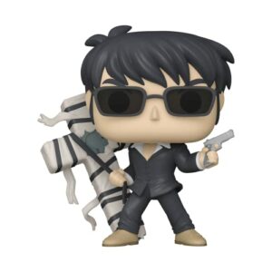 Figura de vinilo de Wolfwood de Trigun, con gafas negras y una gran cruz a su lado.