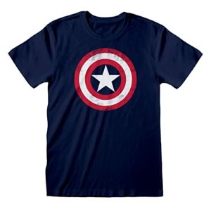 Camiseta azul marina con el escudo desgastado del Capitán América.