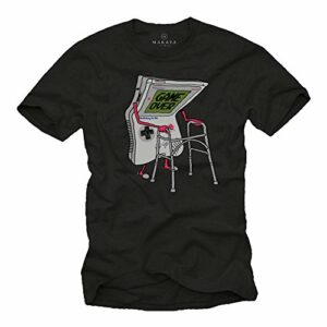 Camiseta negra con ilustración de una consola vintage con andadera y texto "Game Over".