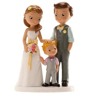 Figuritas de novio, novia y niño para decorar tarta de boda de la marca Dekora.