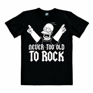 Camiseta negra con Homero Simpson levantando los brazos y el texto "Never Too Old To Rock".