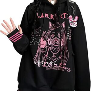 Sudadera negra YINGKE con diseño de niña anime en rosa y detalles góticos.