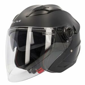 Casco de moto jet negro mate con visor solar ahumado y cierre micrométrico.