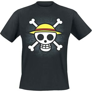 Camiseta negra con el logo de One Piece, un cráneo con sombrero de paja y huesos cruzados.