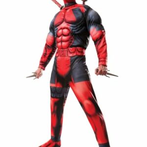 Disfraz de Deadpool Deluxe para adultos con detalles musculosos en color rojo y negro, espada y máscara incluidas.