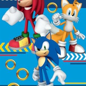 Manta polar con diseño de Sonic, Knuckles y Tails rodeados de anillos.