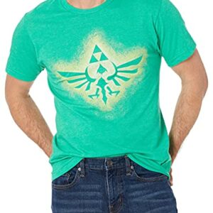 Camiseta verde de The Legend of Zelda con el Triforce y un diseño de pintura esparcida.