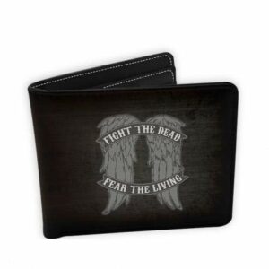 Cartera de vinilo negra con alas y la frase "Fight the Dead, Fear the Living".