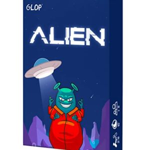 Caja de juego de mesa Glop Alien con diseño de un extraterrestre sonriente y una nave espacial en un paisaje estrellado.