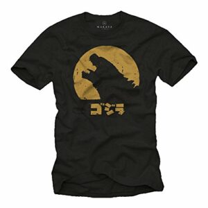 Camiseta negra de Godzilla para hombre, con diseño en dorado y texto en japonés.