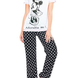 Pijama de mujer con dibujo de Minnie Mouse y pantalones de lunares blancos y negros.