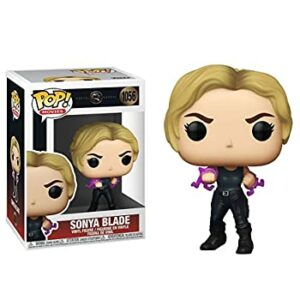 Figura Funko Pop! de Sonya Blade de Mortal Kombat con un cuchillo morado.