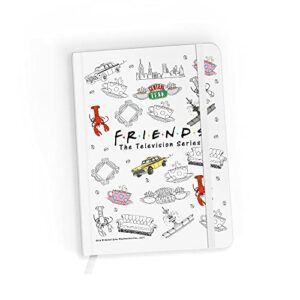 Cuaderno A5 blanco con dibujos y logo de la serie Friends.