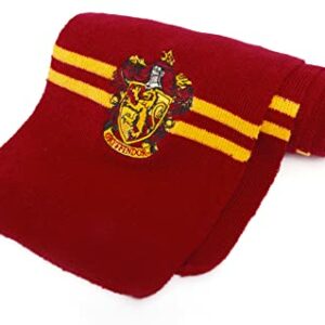 Bufanda roja de Gryffindor con franjas doradas y emblema bordado.