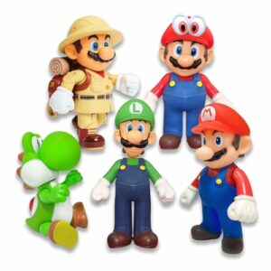 Figuras de acción coleccionables de Super Bros en diferentes trajes y poses.