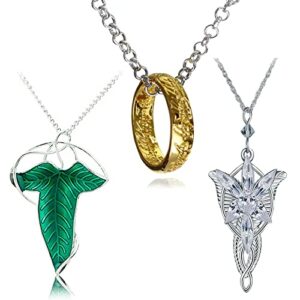 Collares inspirados en El Señor de los Anillos en tonos dorado, verde y plateado.