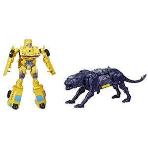 Figura de Bumblebee amarillo junto a una bestia robótica negra en forma de pantera.