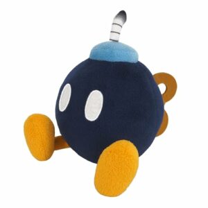 Peluche pequeño de Bob-omb de Super Mario, negro con pies amarillos.