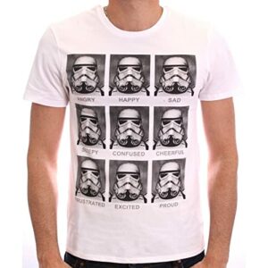 Camiseta blanca con nueve emoticonos de un soldado Stormtrooper de Star Wars mostrando diferentes emociones.